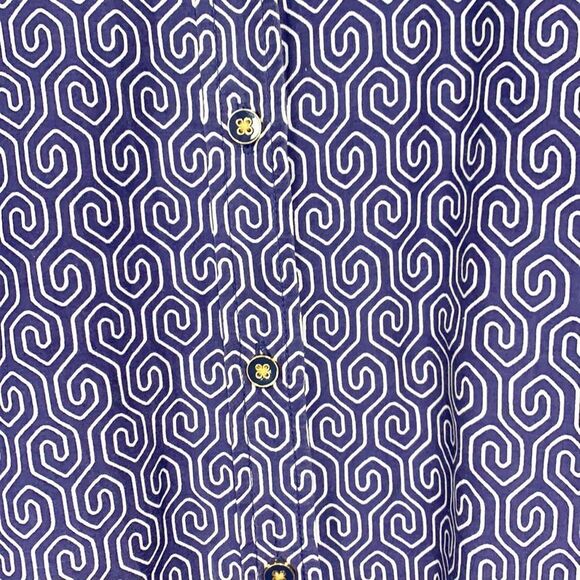 C. Wonder Blue and White Geometric Silk Cotton Blend Button Down Blouse Small - Picture 8 of 13